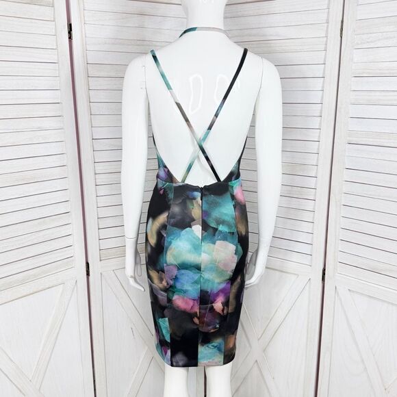 Bebe Watercolor Plunge Neck Open Back Bodycon Y2K Club Dress Black Teal XS - Picture 4 of 13